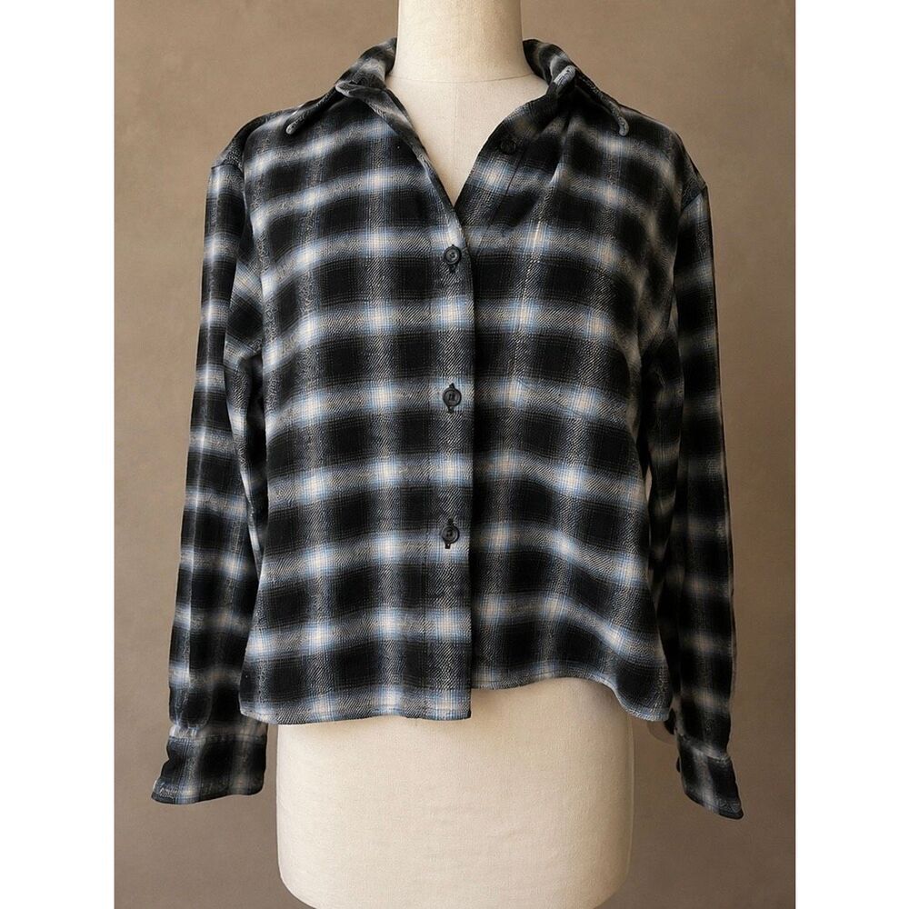 Uniqlo S Flannel Boxy Shirt Ombre Check Black Blue Oversized Plaid Button Up